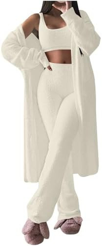 3 Piece Cozy Outfit for Women Soft Fuzzy Open Front Cardigan and Crop Top Wide Leg Pants Fleece T... | Amazon (US)