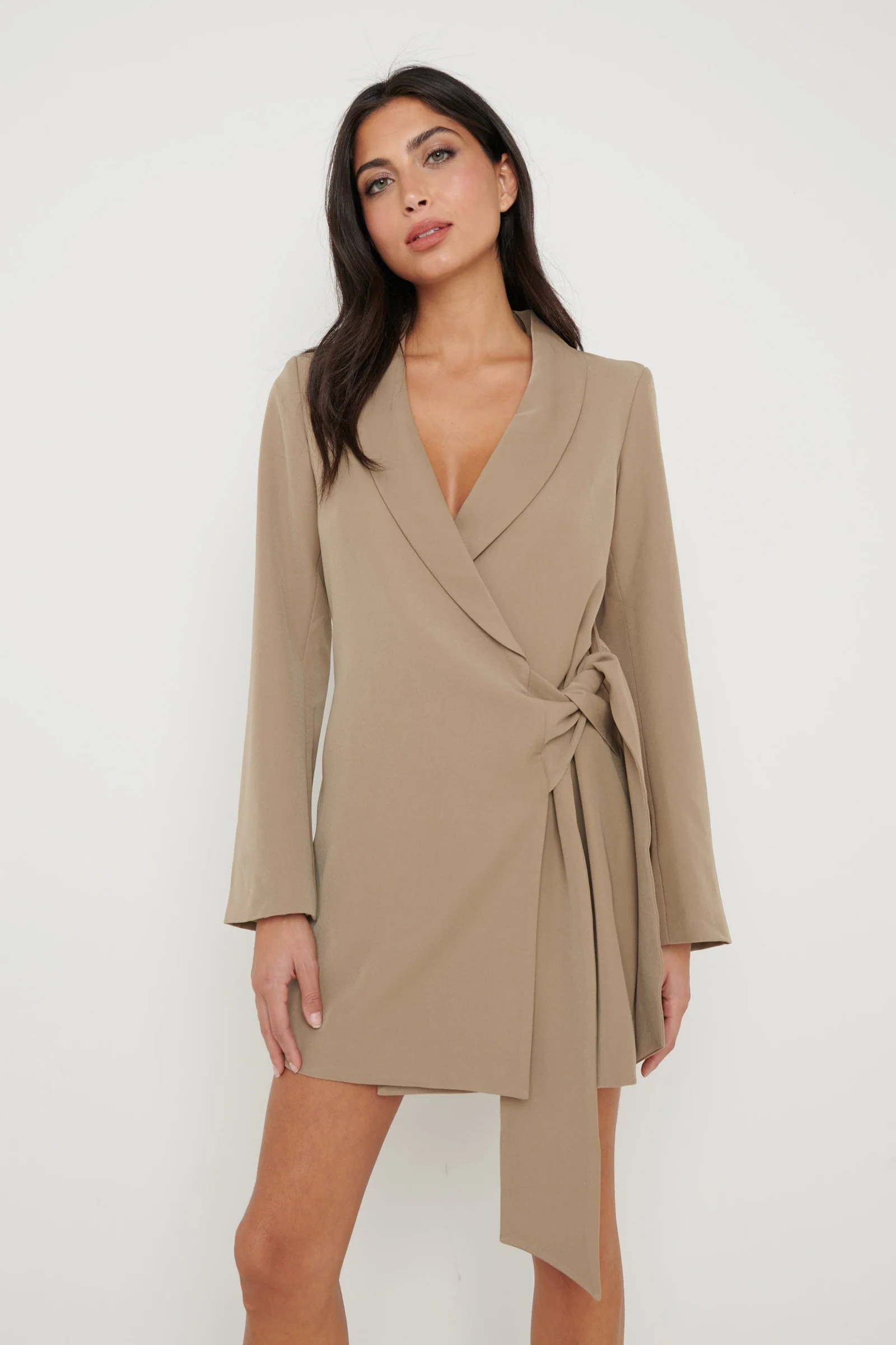 Arielle Wrap Tie Blazer Mini Dress - Taupe | Pretty Lavish (UK)