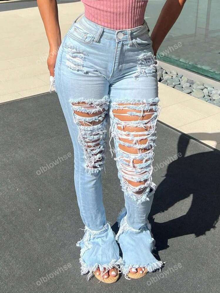 Rave Y2K Street High Waist Stretchy Slant Pocket Ripped Decor Raw Hem Cargo Daily Casual Skinny F... | SHEIN