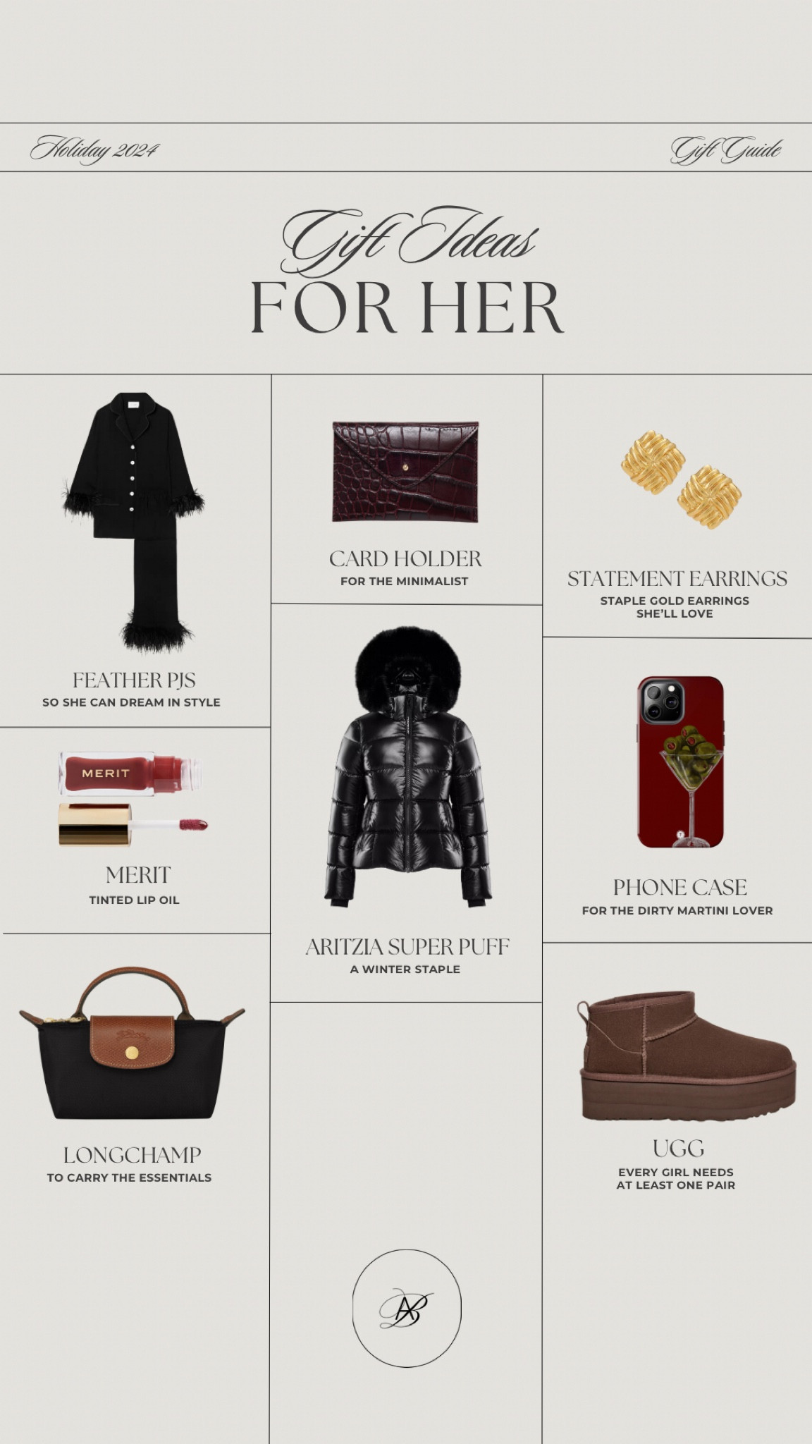 The ultimate ‘It Girl’ holiday gift guide! An Aritzia Super Puff jacket and UGGs are true winter staples! Also obsessed with this mini Longchamp bag to hold alll of the essentials. 

Pj set, puffer jacket, winter jacket, black coat, UGGs, burgundy phone case, longchamp bag, phone case, gold earrings, statement earrings, Merit tinted lip oil, lip gloss, card holder, cozy pjs, cozy gifts, feather pajamas, Christmas gifts, gifts for her, gifts for sister, holiday gift guide, cozy boots, brown boots, Aritzia supersnug super puff jacket, gift ideas for her, Heaven mayhem earrings 

#LTKHoliday #LTKCyberWeek #LTKGiftGuide