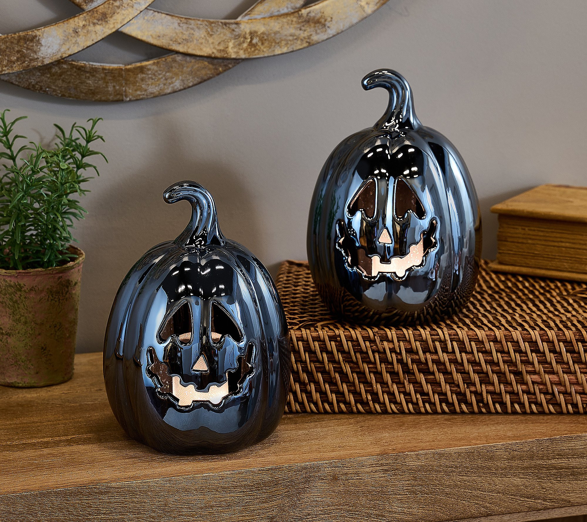 Set of 2 7" Illuminated Ceramic Jack-O-Lanterns by Valerie | QVC