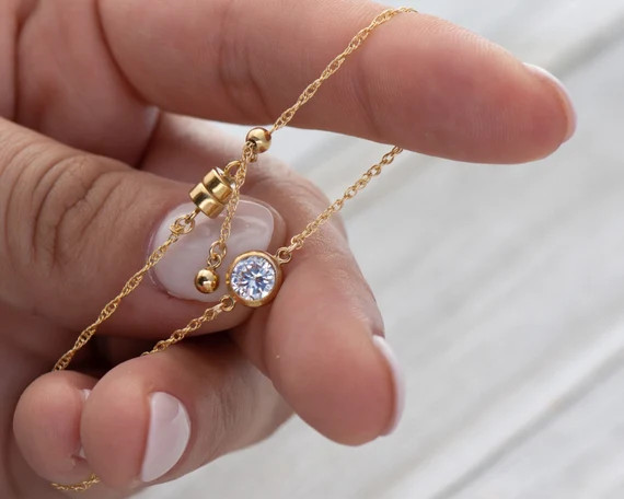 Solitaire Gold Chain Bracelet Diamond Cut CZ Charm Bracelet Nasreen Necklace Size Bracelet Simple... | Etsy (US)