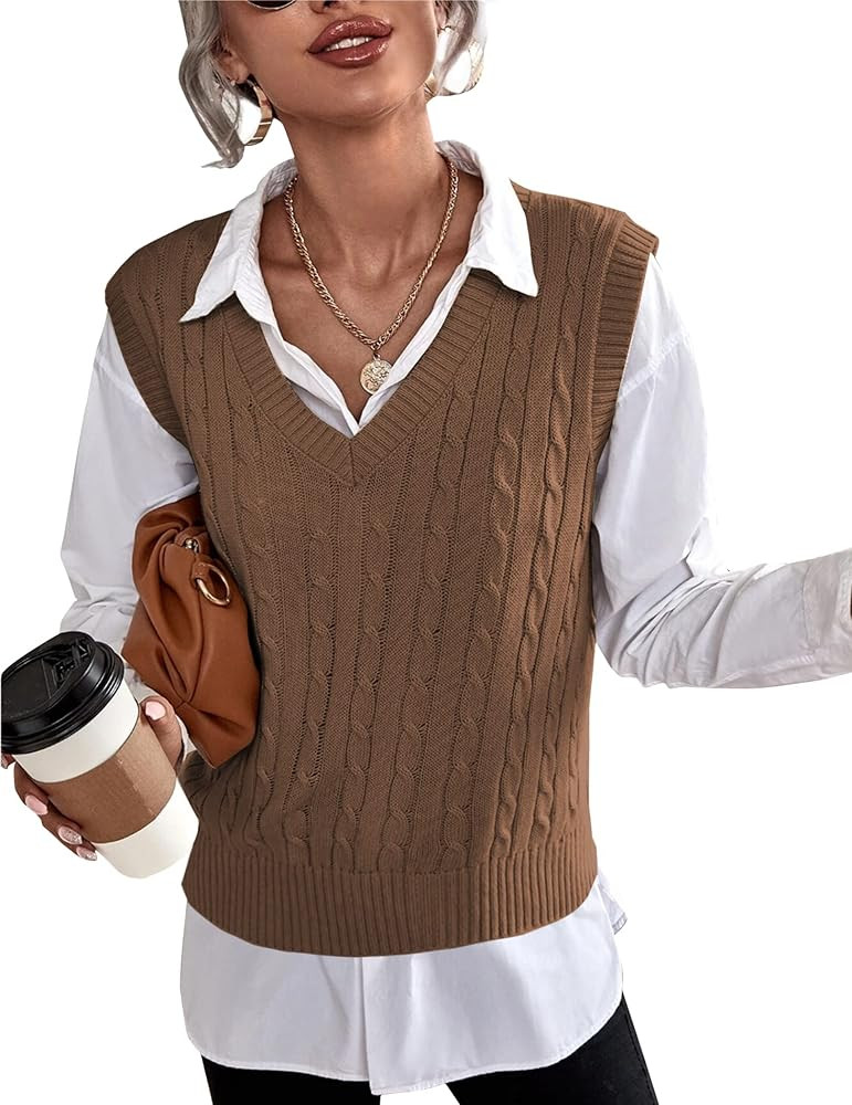 ELESOL Womens 2023 Fall V Neck Sweater Vest Sleeveless Cable Knit Casual Preppy Clothes Cute Pull... | Amazon (US)