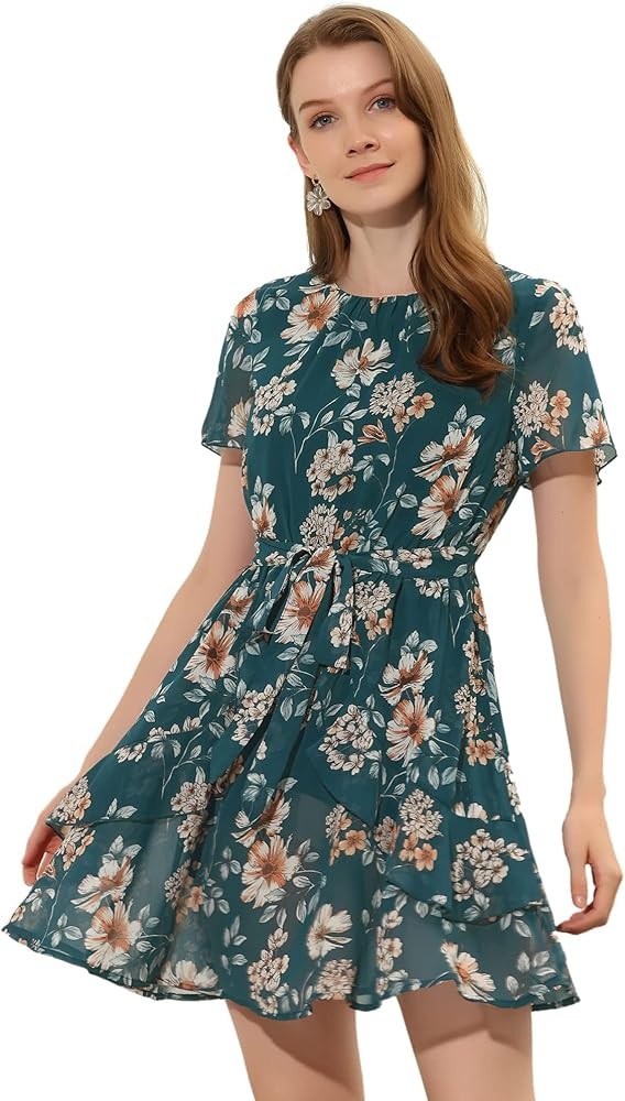 Allegra K Women's Ruffles Round Neck Short Sleeve Tie Waist Layered Ditsy Floral Dress | Amazon (US)