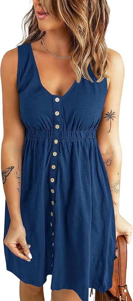 BTFBM Women Sleeveless Summer Dress 2024 Crewneck Ribbed Knit Ruffle Swing Button Down Beach Sun ... | Amazon (US)