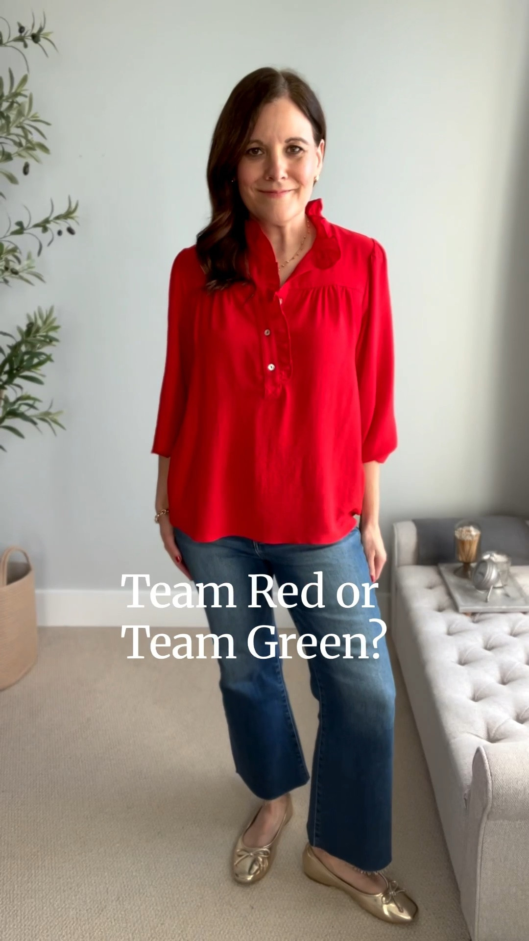 At the holidays, are you more team red or team green? 

I’m so in love with this ruffleneck blouse from Social Threads, I have it in 2 colors now. It fits TTS, I’m in a Small. 

Wear it tucked or untucked. 

I’ll layer a v-neck long sleeve tee under them or a cardigan over them for more warmth on a very chilly day. 

These Risen kick crop jeans (TTS) have been on repeat over here. I love the built in tummy control and how soft and comfy they are. 

📏For reference, I’m midsized, 5’6”, slightly short-waisted, 36-B bust, and wear a small or medium top with size 10 jeans. 

#LTKMidsize #LTKHoliday #LTKOver40