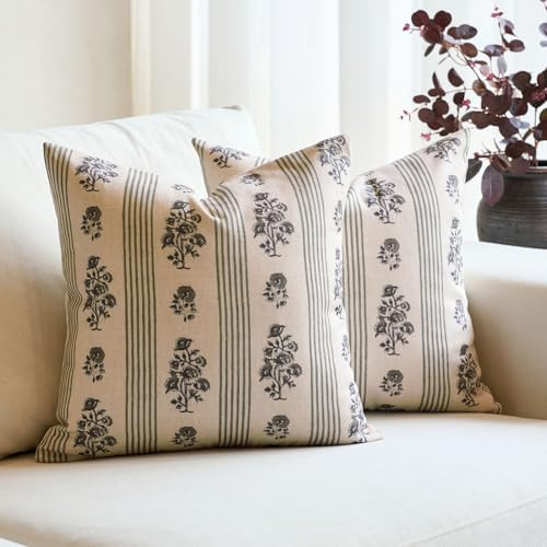 Amor Virisso Floral Throw Pillow Covers 18x18 Set of 2 Block Print Pillow Covers Neutral Floral S... | Amazon (US)