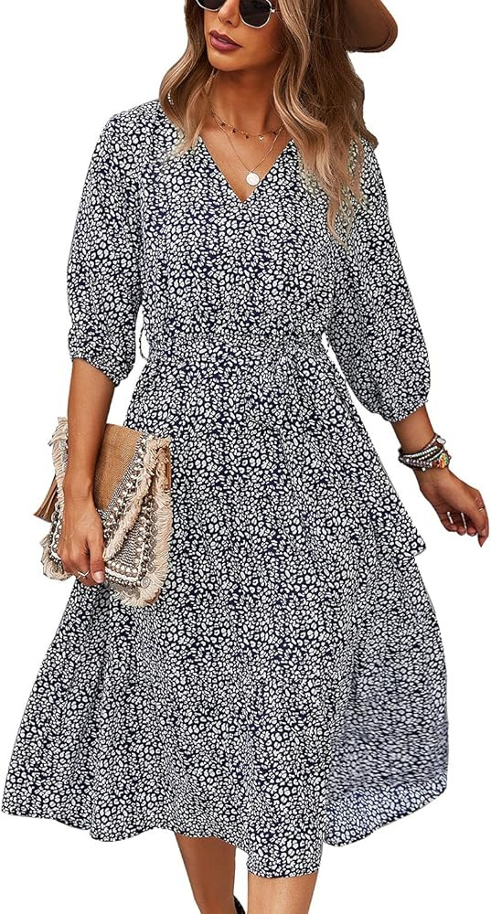 Schkleier Women's Summer Fall 3/4 Sleeve V Neck Casual Flowy Party Floral Midi Dress | Amazon (US)