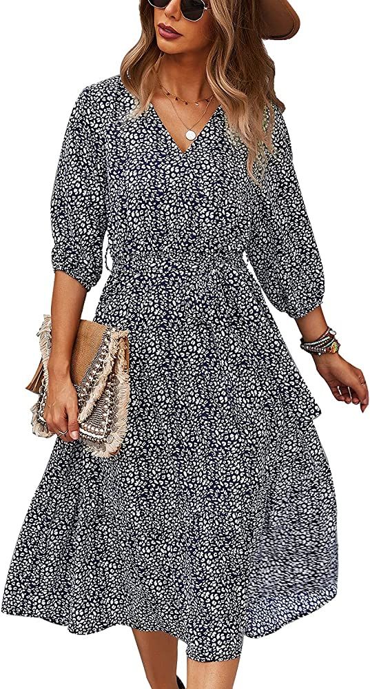 Schkleier Women's Summer Fall 3/4 Sleeve V Neck Casual Flowy Party Floral Midi Dress | Amazon (US)