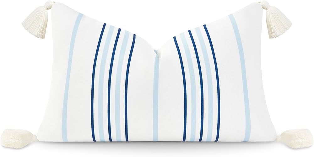 Hofdeco Premium Coastal Hampton Style Patio Indoor Outdoor Lumbar Pillow Cover Only, 12"x20" Wate... | Amazon (US)