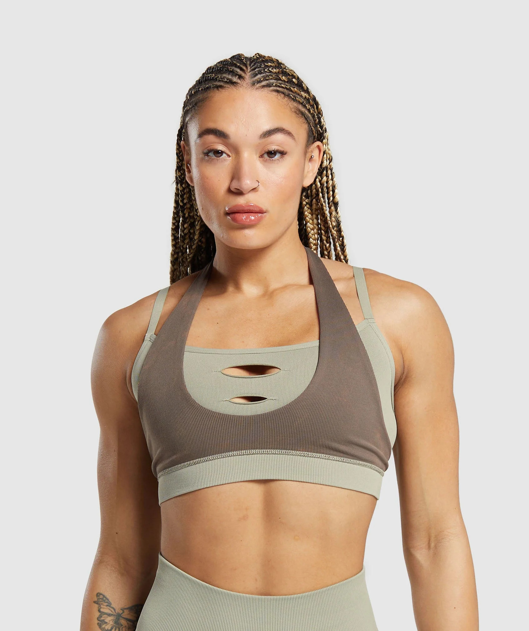 Gymshark Gains Seamless Bralette - Chalk Green/Camo Brown | Gymshark US