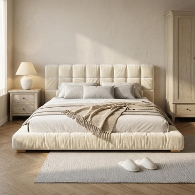 Polibi Modern King Size Upholstered Velvet Platform Bed Frame with Tufted Headboard, Beige | Target