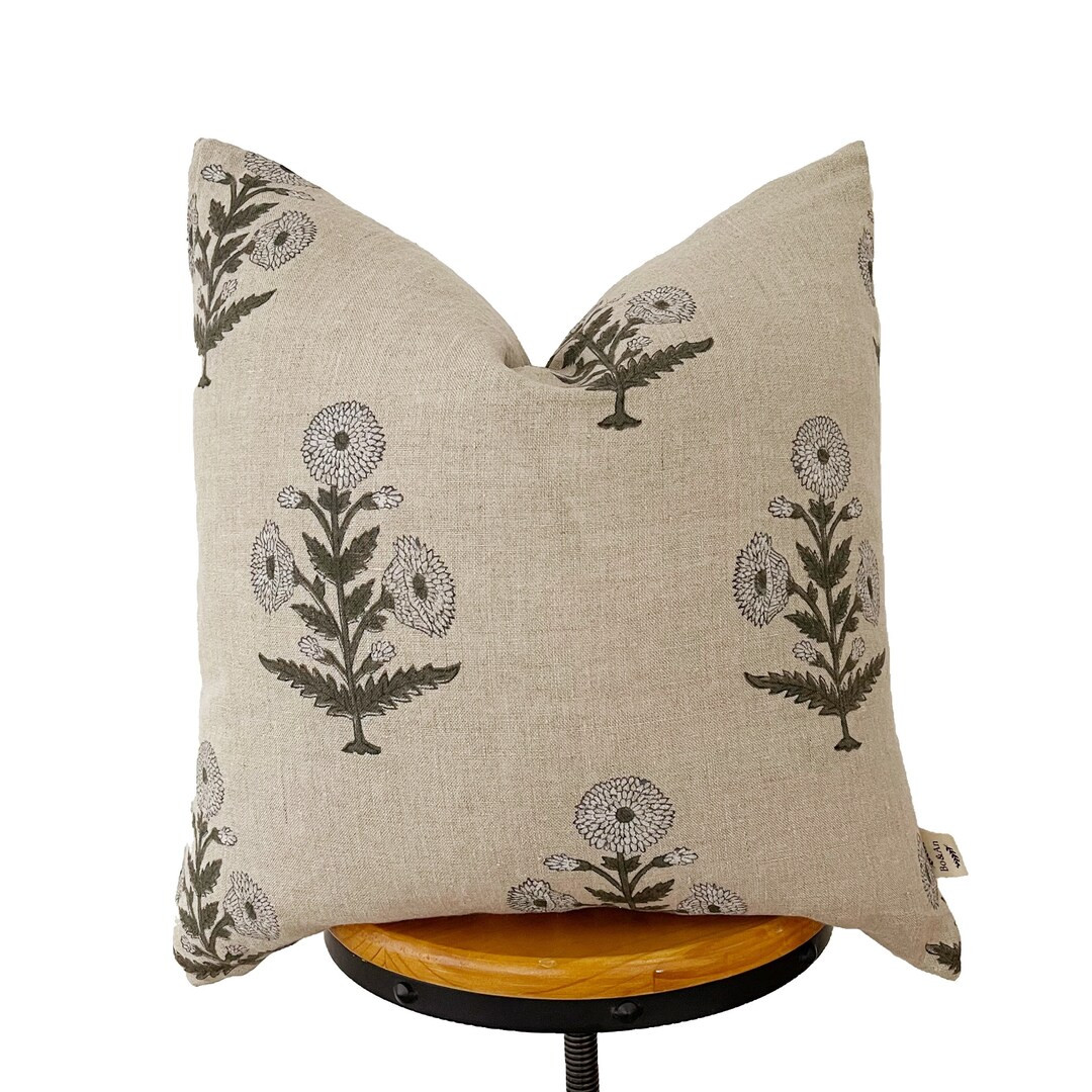 Hand Block Print Linen Pillow Cover Green White and Natural - Etsy Canada | Etsy (CAD)