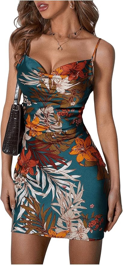 Floerns Women's Summer Spaghetti Strap Cowl Neck Satin Mini Tropical Dress | Amazon (US)