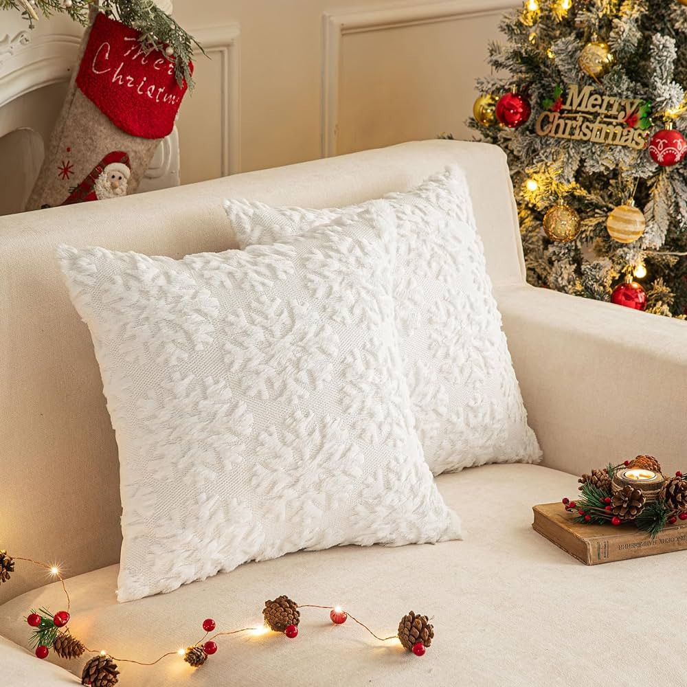 SHITURRE Christmas Snowflake Decorative Throw Pillow Covers Set of 2 Packs, Soft Fluffy Pillowcas... | Amazon (US)