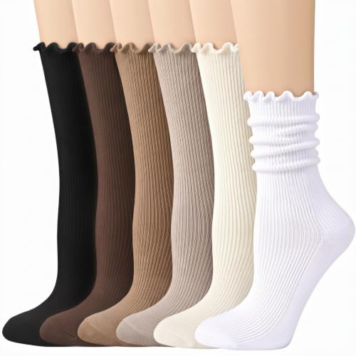 Justay 6 Pairs Ruffle Socks, Cute Frilly Cotton Boot Crew Socks for Women | Amazon (US)