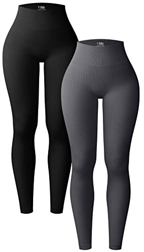 OQQ Women's 2 Piece Yoga Leggings Ribbed Seamless Workout High Waist Athletic Pants Black Darkgrey | Amazon (US)