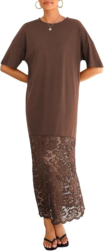 LOLONG Womens Short Sleeve Lace Patchwork Maxi Dress Summer 2026 Crew Neck Casual Long Dresses | Amazon (US)