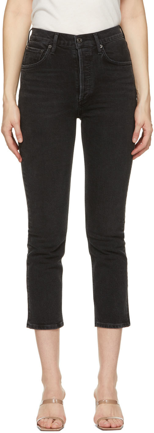 Black Riley High-Rise Straight Crop Jeans | SSENSE