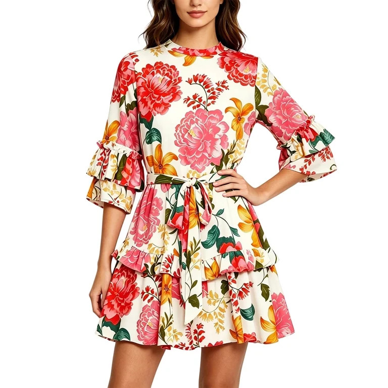 Fesfesfes Womens Dress Floral Print Round Neck Summer Dress Loose Casual 3/4 Sleeve Mini Sundress | Walmart (US)