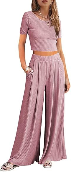 Lveberw Lounge Set Womens, Outfits Sets, Ribbed Crop Top Long Sleeve, Palazzo Pants - Loose Sweat... | Amazon (US)