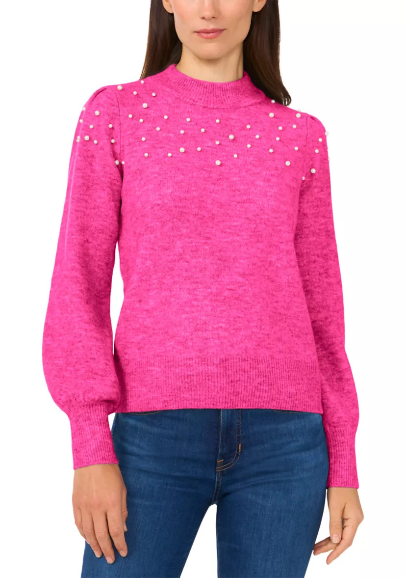 Petite Mock Neck with Pearls Sweater | Belk