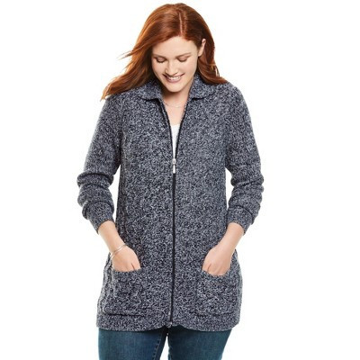 Woman Within Marled Zip-Front Cable Knit Cardigan Sweater - L, Black White Marled | Target