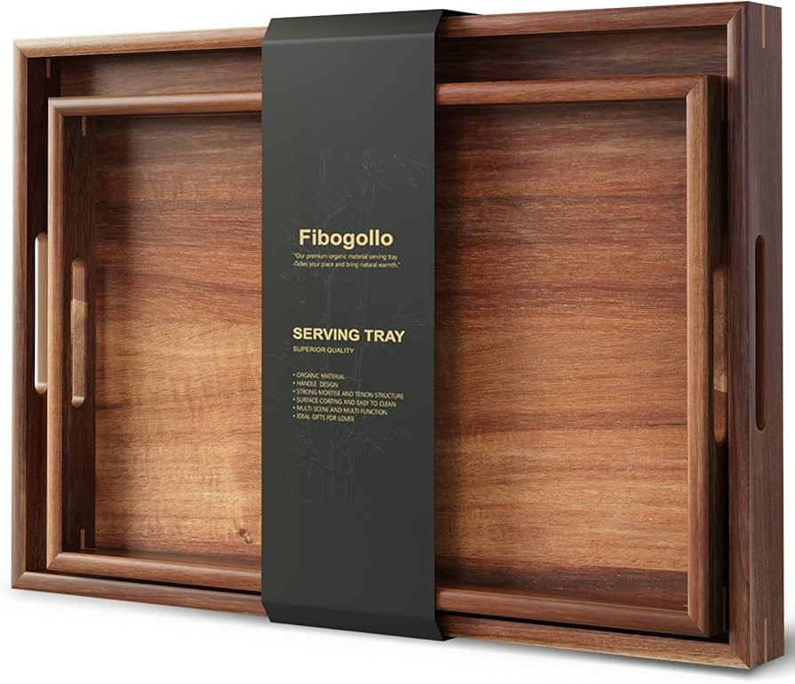 Set of 2 Acacia Wood Serving Tray with Handles,Decorative Trays Platter,Breakfast Tray in Bed,Foo... | Amazon (US)