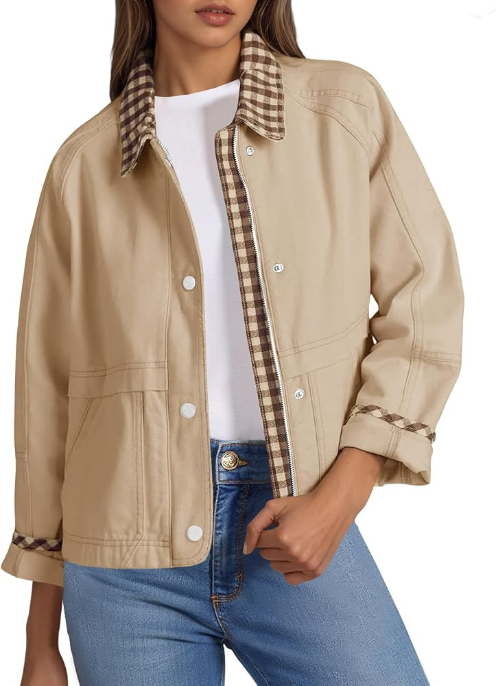 Tankaneo Womens Cropped Barn Jacket Zip Up Lightweight Contrast Plaid Coat | Amazon (US)