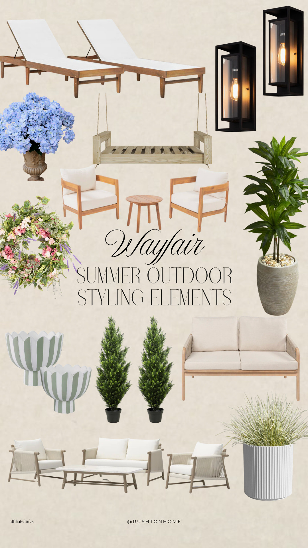 Outdoor patio decor, wayfair outdoor furniture, summer patio styling, outdoor lounge chairs, wood patio seating, outdoor wall sconces, patio swing bench, outdoor accent chairs, patio conversation set, large outdoor planters, faux outdoor plants, hydrangea outdoor decor, patio coffee table, backyard styling ideas, neutral outdoor decor 

 #LTKSeasonal #LTKHome