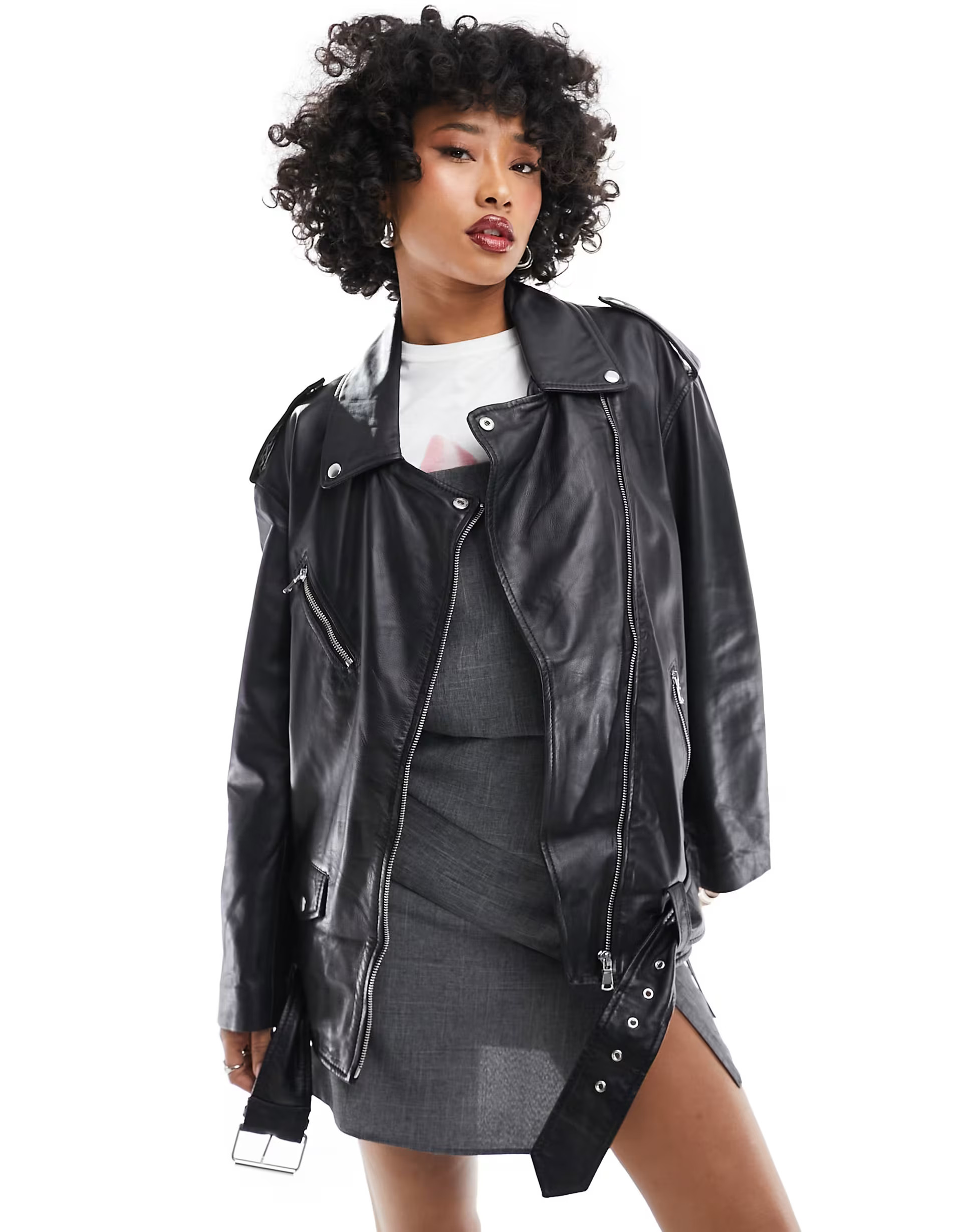 ASOS DESIGN oversized premium real leather biker jacket in black | ASOS (Global)