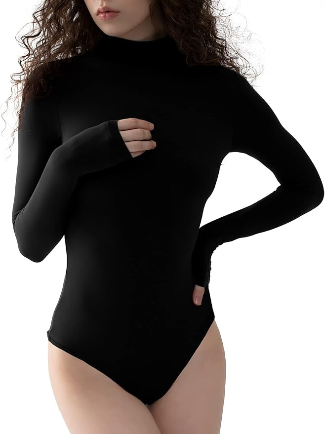 PUMIEY Women's Mock Turtle Neck Long Sleeve Bodysuit Sexy Tops | Amazon (US)