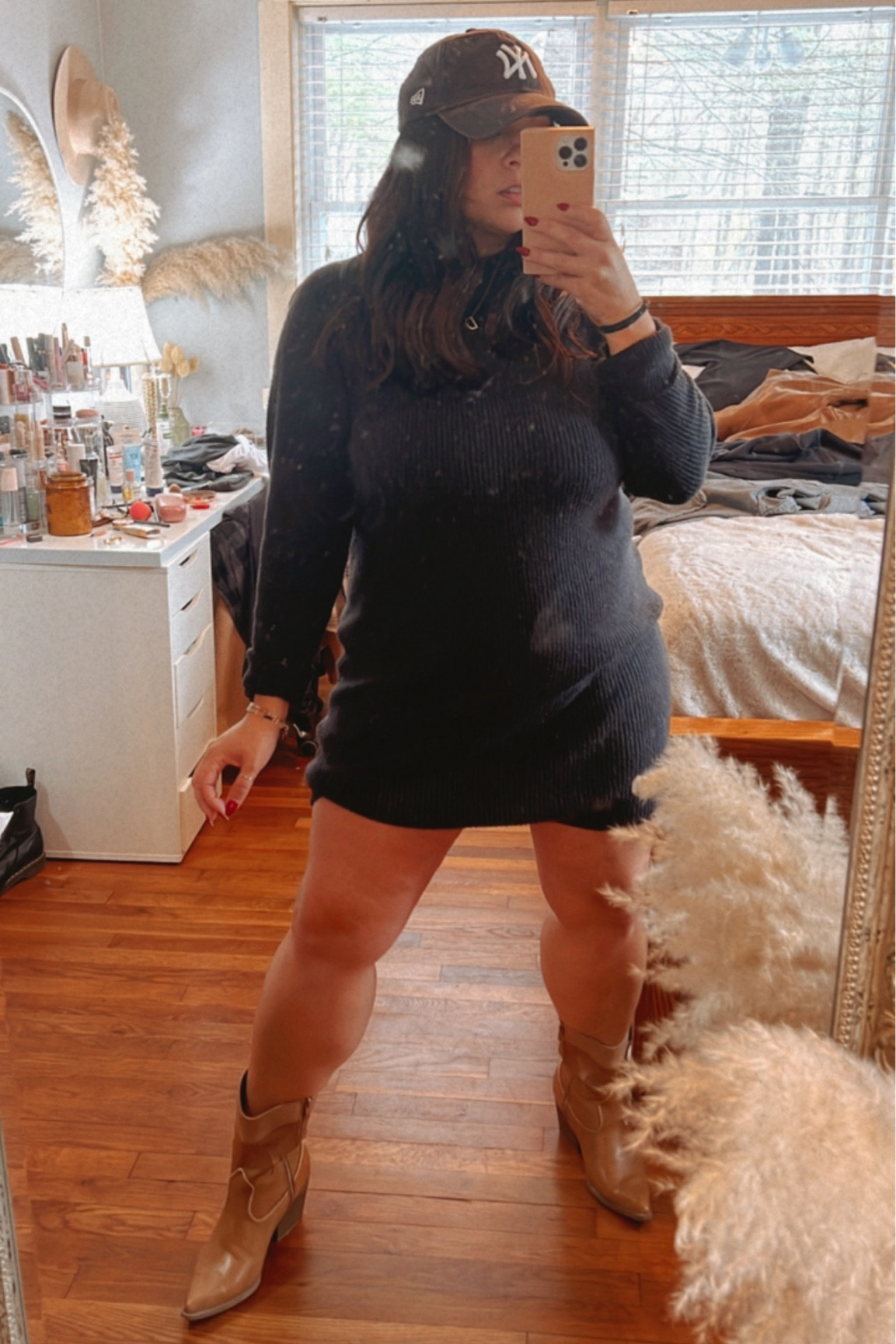 Black sweater dress
Black dress
Brown cowboy boots
Target boots
Yankees baseball hat 

#LTKcurves #LTKfit #LTKworkwear