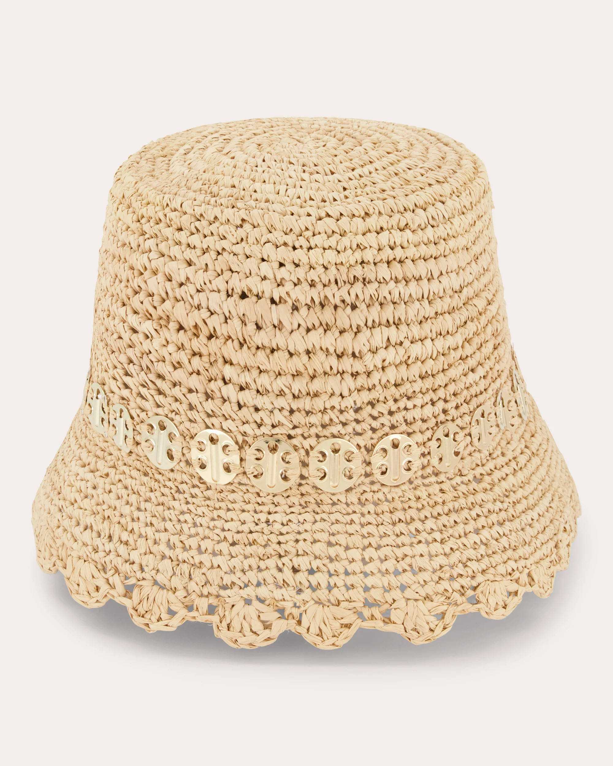 Rabanne Women's Iconic 1969 Embellished Raffia Bucket Hat in Natural/light Gold | Olivela