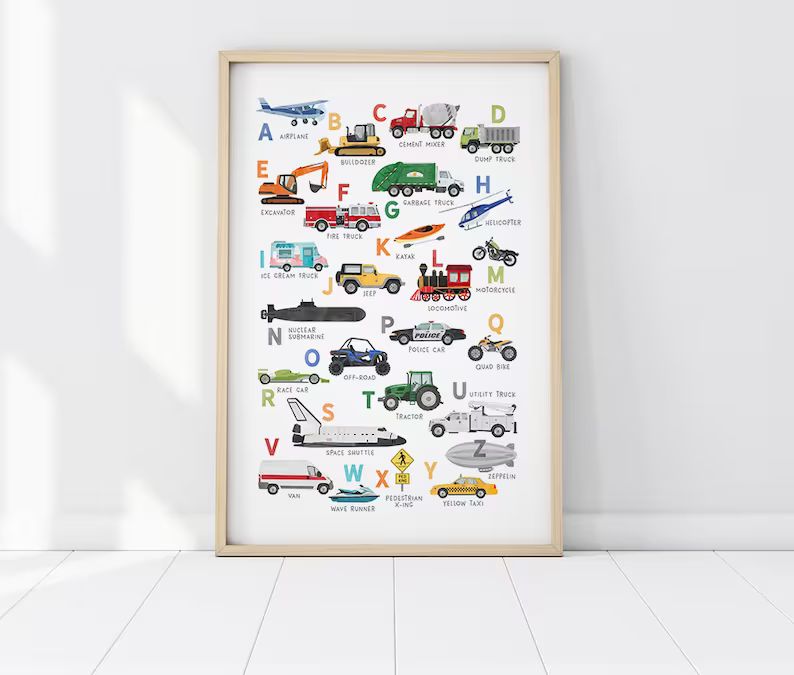 Vehicle Alphabet, Transportation Poster, Vehicle ABC Print, Nursery Decor, Playroom Wall Decor, T... | Etsy (US)