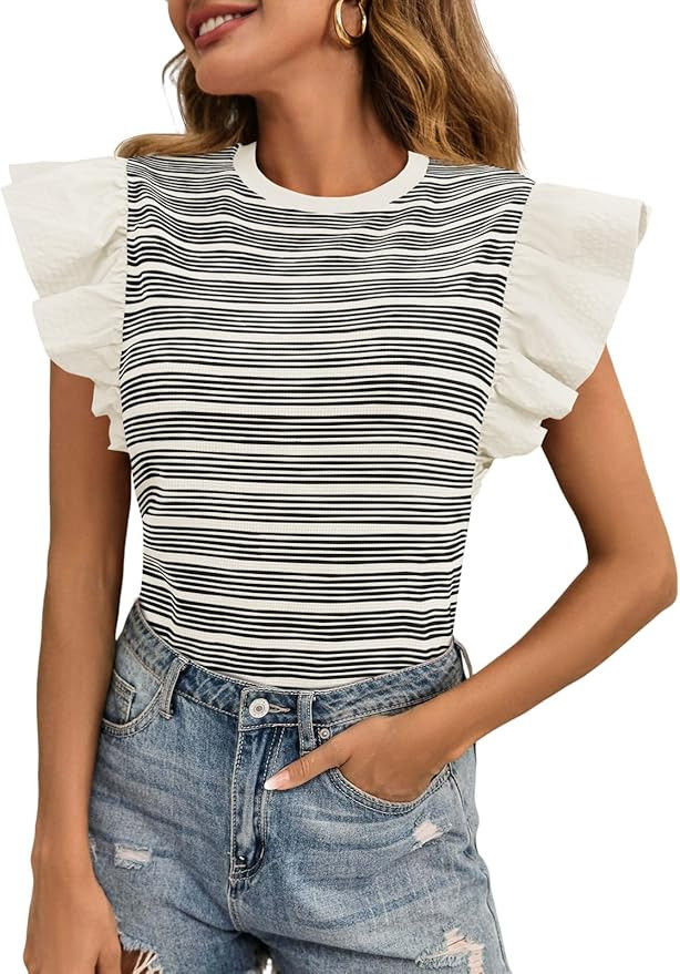 Tankaneo Womens Ruffle Striped Tank Tops Summer Crew Neck Sleeveless Shirts Loose Fit Dressy Casu... | Amazon (US)