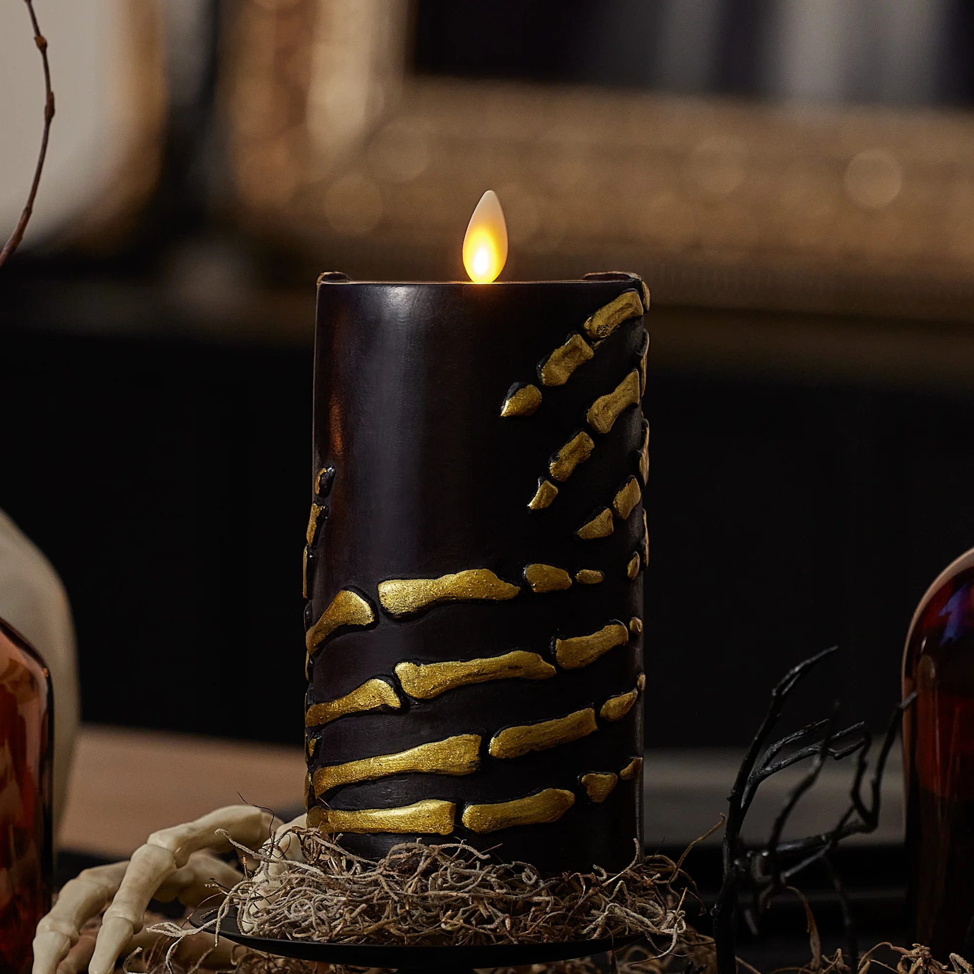 Black and Gold Skeleton Hands Flameless Candle Pillar | Luminara
