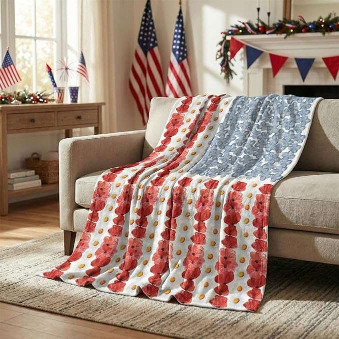 Horaldaily 4th of July Flannel Blanket Throw, Myosotis Poppy Patriotic American Flag Memorial Day... | Amazon (US)