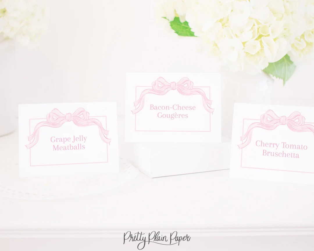 Watercolor Pink Bow Food Labels or Place Cards 3x4 Tent Style Printable Pink Bow Party or Baby Sh... | Etsy (US)