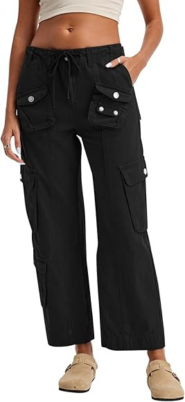 Cargo Pants for Women Low Rise Drawstring Waist 7 Pockets Hiking Work Wide Leg Pants with Zipper ... | Amazon (US)