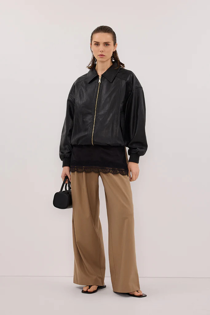 HUTTON BLACK LEATHER BOMBER JACKET | DISSH