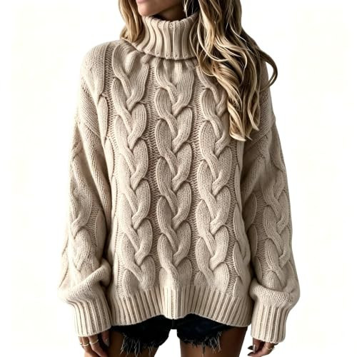 Fall Sweaters for Women Turtleneck Cable Knit Pullover Tops Casual Work Cute Long Sleeve Clothes(Beige,XX-Large) | Amazon (US)