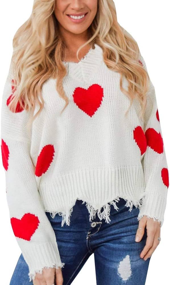 Saodimallsu Womens Oversized Off The Shoulder Pullover Sweaters Cropped V Neck Ripped Heart Knit Jum | Amazon (US)