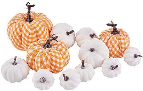 Lanpn 12pcs Assorted Sizes Rustic Harvest White Fake Artificial Pumpkins Decoration and Orange an... | Amazon (US)