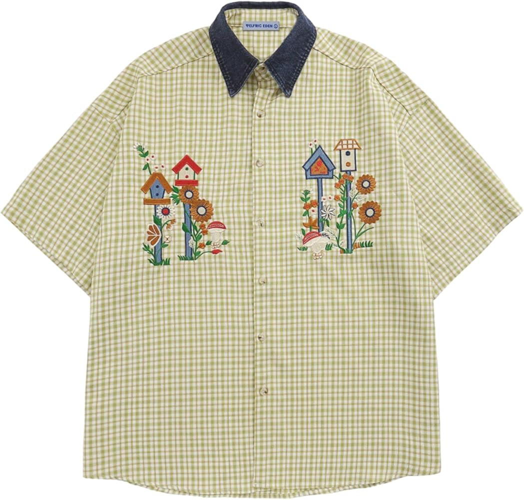 Aelfric Eden Shirts Plaid Embroidery Short Sleeve Shirt Casual Graphic T-Shirts Men Button Down T... | Amazon (US)