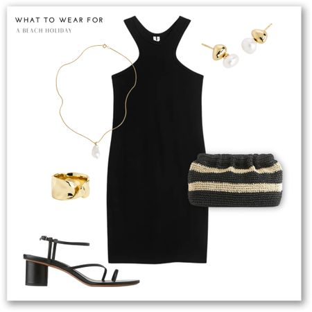 A black mini dress & heeled sandals for an evening in summer ☀️ paired with gold pearl jewellery and a rattan clutch bag - all from arket 🫶

#LTKstyletip #LTKSeasonal #LTKitbag