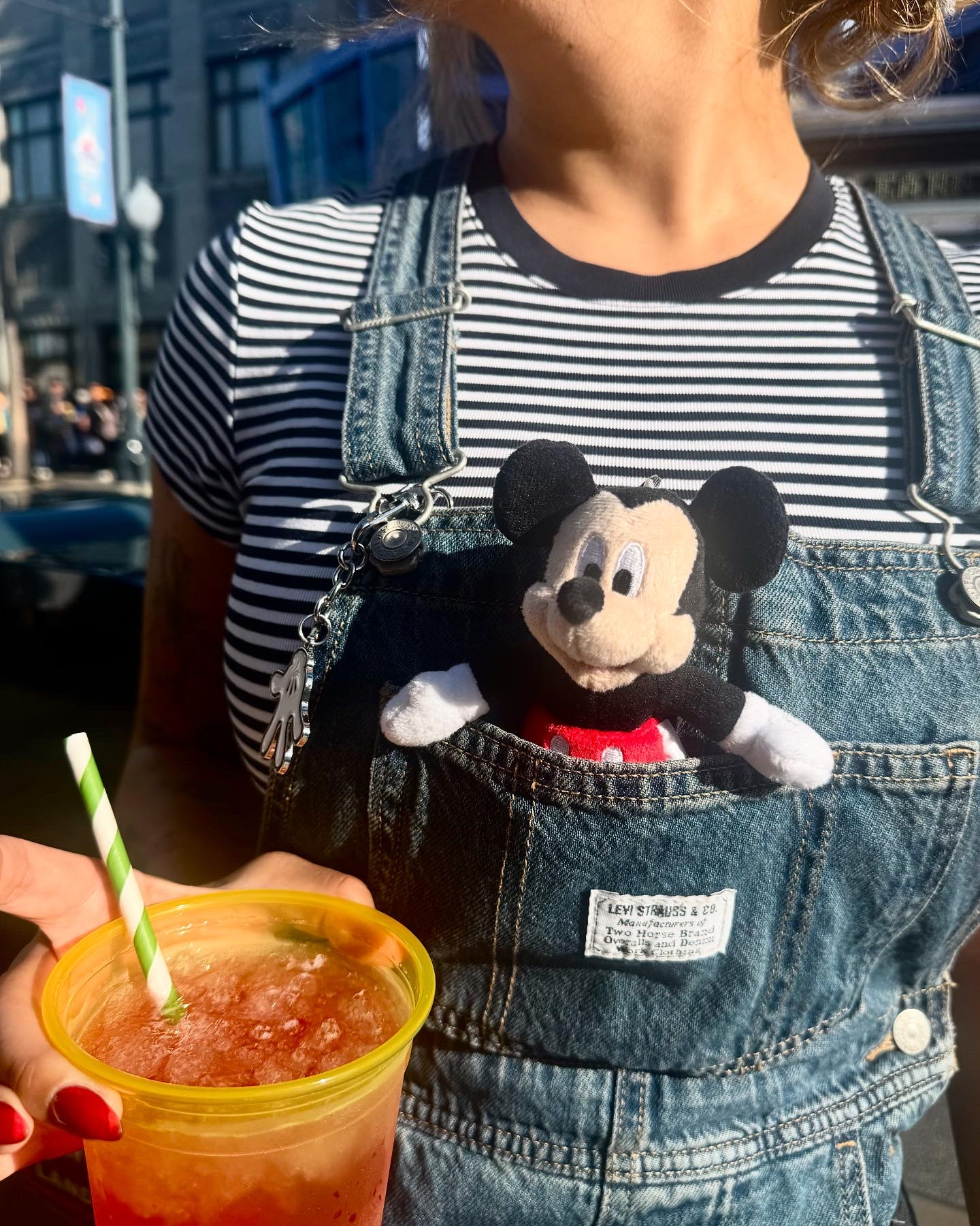 conductor mickey outfit 
levi overalls are exact
striped shirt is the same shirt, just different print - print is still available on uniqlo 

 