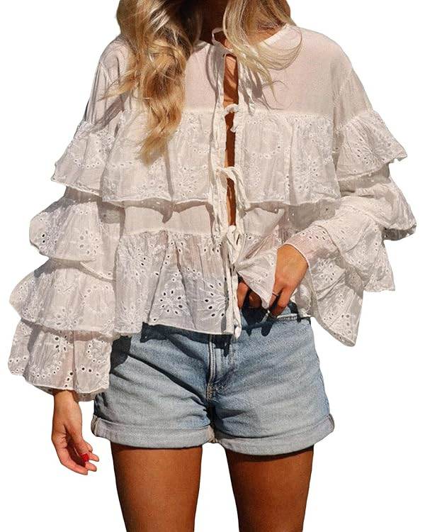 Womens Y2k Tie Front Tops Long Sleeve Round Neck Tiered Floral Jacquard Eyelet Shirts Going Out T... | Amazon (US)