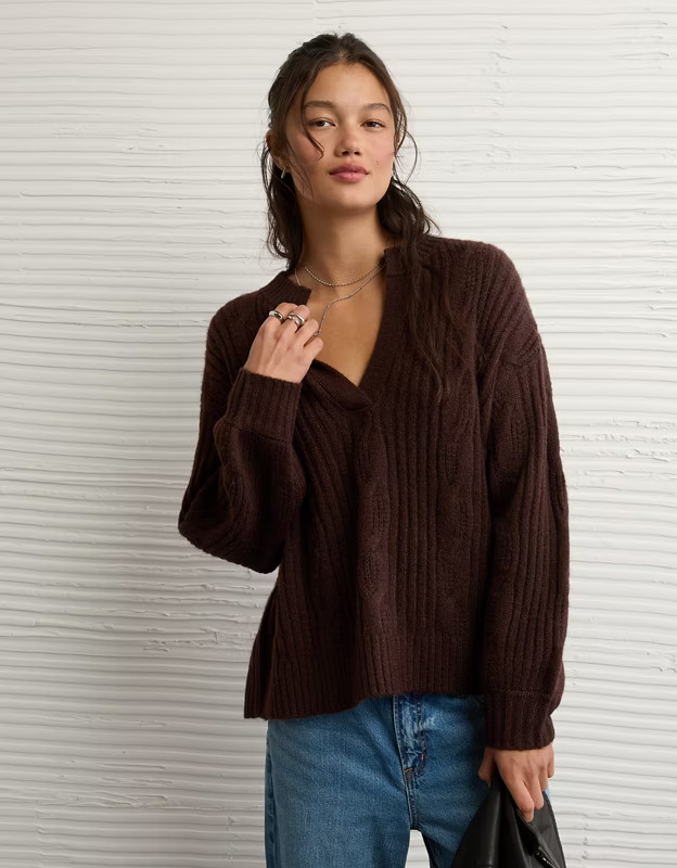AE Whoa So Soft Notch Neck Cable Sweater | American Eagle Outfitters (US & CA)
