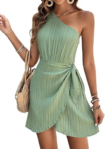 TIMEKE Womens Spring Summer Dress Solid One Shoulder Wrap Hem Knot Side Short Dress Sleeveless | Amazon (US)